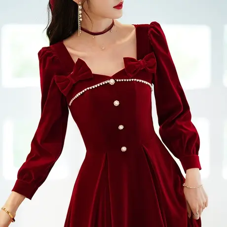 长袖敬酒服新娘2023新款秋冬季结婚订婚回门晚礼服女酒红色连衣裙图片