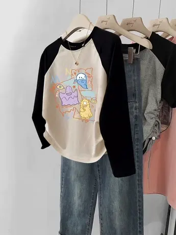 港味复古chic拼接长袖T恤女甜辣风插肩短款上衣ins潮牌大码打底衫商品大图