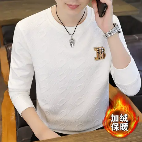 2024冬季新款男士加绒加厚卫衣加肥加大码高档提花长袖T恤衫秋衣图片