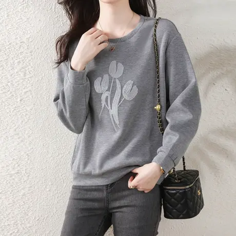 【3月4春新品8折】休闲圆领长袖绣花休闲卫衣洋气宽松套头上衣女图片