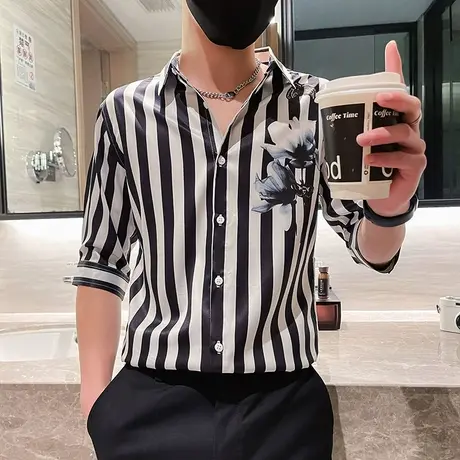 夏季修身薄款短袖衬衫男2024新款ins高级感发型师条纹七分袖衬衣商品大图