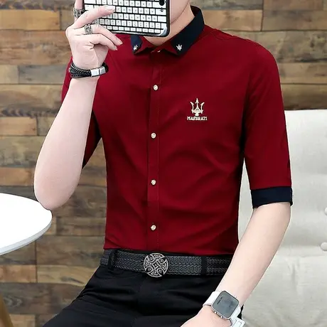 男士夏装短袖衬衫韩版潮流修身中袖衬衣发型师薄款七分袖休闲寸衫商品大图