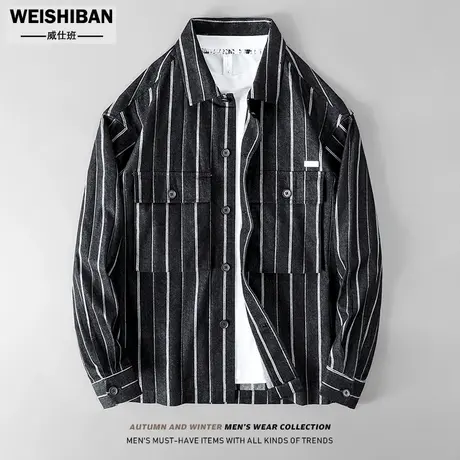 秋季2022年新款条纹牛仔夹克男薄外套日系复古宽松免烫衬衣型外套商品大图