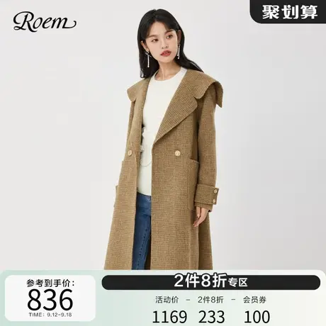 Roem秋冬商场同款气质复古时尚大翻领中长款羊毛呢外套女大衣图片