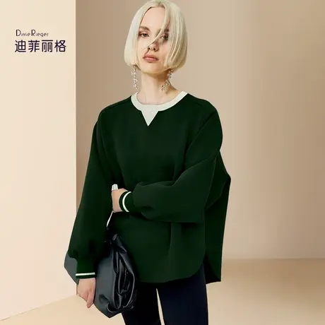 迪菲丽格慵懒毛衣秋季2023新款女装墨绿色休闲圆领百搭假两件上衣图片