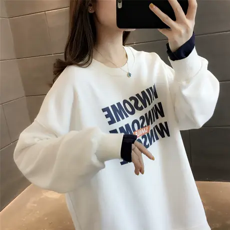假两件拼接卫衣女圆领套头字母印花上衣2023年春秋季百搭慵懒外套商品大图