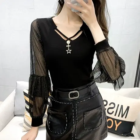 2023春秋新款时尚亮丝T恤女长袖外穿网纱拼接上衣洋气百搭打底衫图片