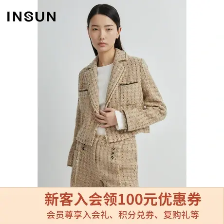 恩裳冬季时尚格纹西装领宽松短款粗花呢小香风外套女图片