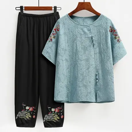 中老年女装夏装宽松棉麻套装中国风上衣高贵妈妈装夏季棉绸两件装商品大图