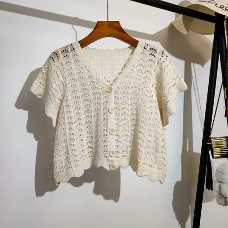镂空短袖针织开衫女夏季新款韩版宽松v领设计感小众防晒上衣外穿图片