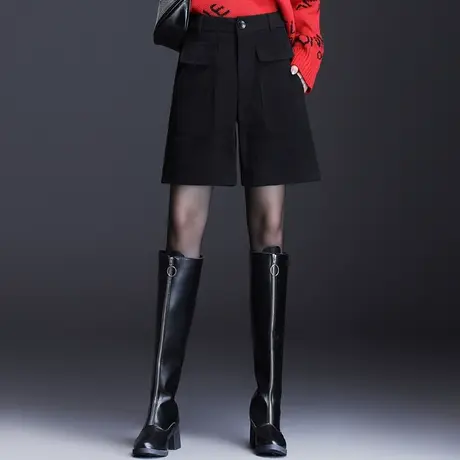 黑色阔腿裤女直筒短裤2023秋冬新款高腰工装靴裤显瘦休闲毛呢中裤商品大图
