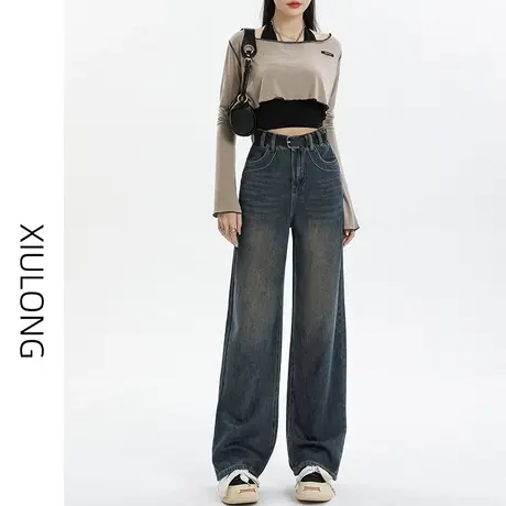 复古美式高腰阔腿牛仔裤女秋季2023年新款显瘦直筒宽松窄版拖地裤商品大图