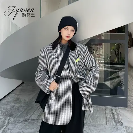格子西装外套女秋季韩版复古时尚宽松显瘦百搭中长款chic小西服潮图片