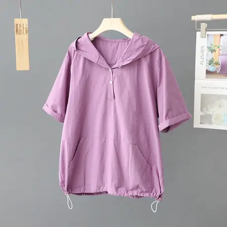 2023夏季新款套头连帽上衣女短袖休闲运动T恤夏装小衫宽松女装潮商品大图