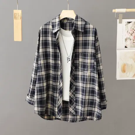 休闲格子衬衫外套女宽松中长款春秋百搭复古港风衬衣开衫外搭上衣图片
