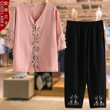 中老年妈妈夏装休闲套装大码宽松洋气民族风绣花五分袖上衣两件套商品大图