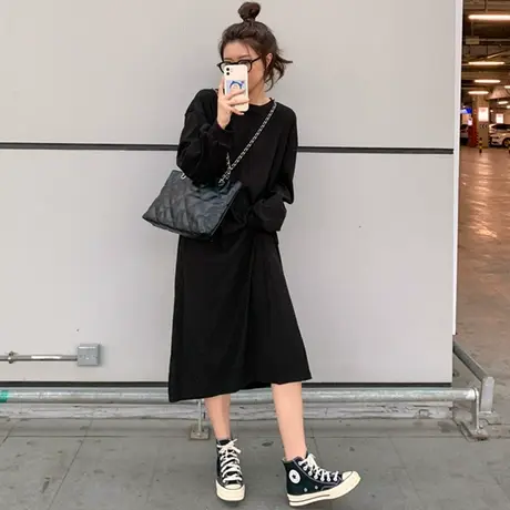 长款过膝卫衣裙女2020秋冬季韩版宽松bf慵懒风加绒加厚外套潮ins图片