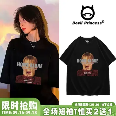 美式复古vintage街头黑色纯棉短袖女t恤oversize慵懒休闲圆领上衣商品大图