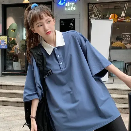 日系翻领polo衫短袖t恤女夏ins潮宽松韩版学生原宿港风百搭上衣服商品大图