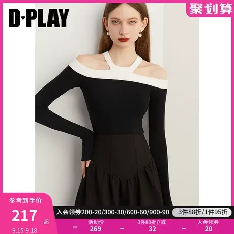 DPLAY2023秋新法式复古黑白撞色一字肩圆领挂脖修身长袖针织小衫商品大图