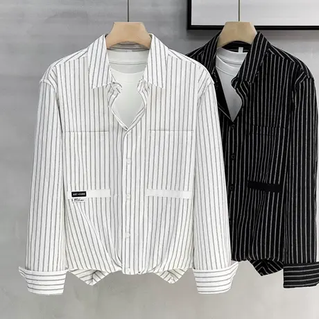 2023秋季潮流日系设计感条纹衬衫男宽松美式休闲男装工装长袖衬衣商品大图