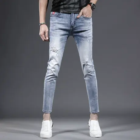 破洞九分牛仔裤男修身小脚2023新款夏季薄款浅色休闲男士裤子9分商品大图