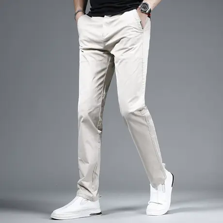 男士休闲裤夏季轻薄款2023新款修身小脚弹力百搭男装裤子浅卡其色商品大图