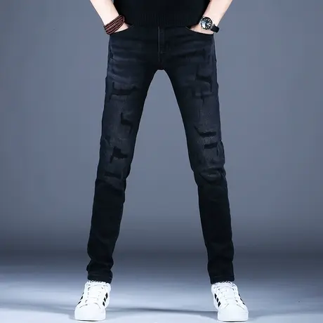 秋冬季新款男士潮牌牛仔裤男款破洞补丁纯黑色修身小脚裤子男2023商品大图