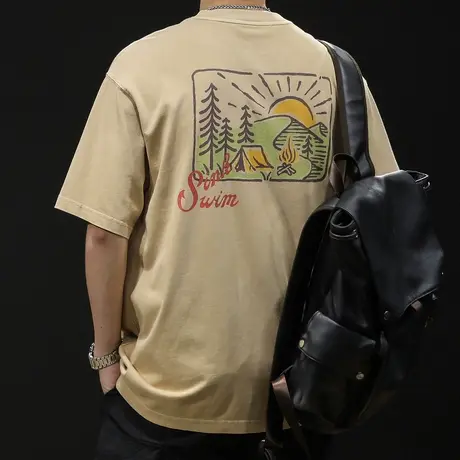 美式潮牌短袖t恤男士半袖水洗复古夏季2023新款衣服男款大码纯棉商品大图