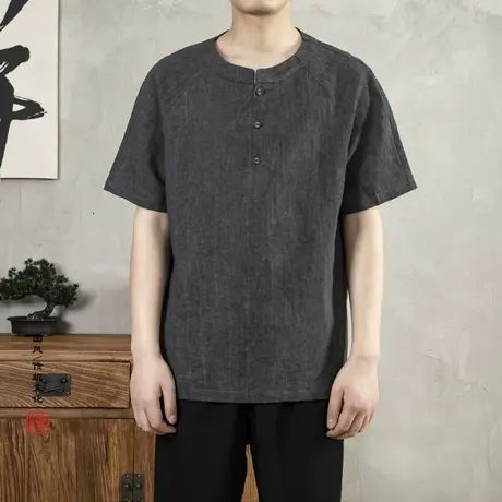 夏季新中式棉麻短袖T恤男中国风男装立领男士唐装复古风亚麻上衣图片
