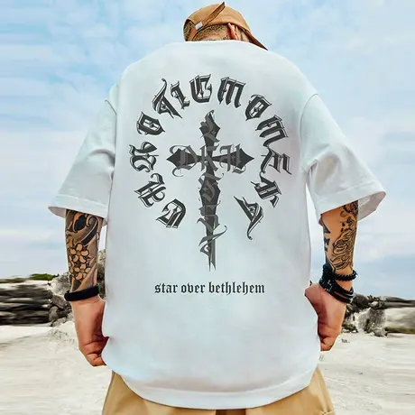 高街潮牌宽松T恤胖子短袖加肥加大五分纯棉国潮大码男款半袖夏季商品大图