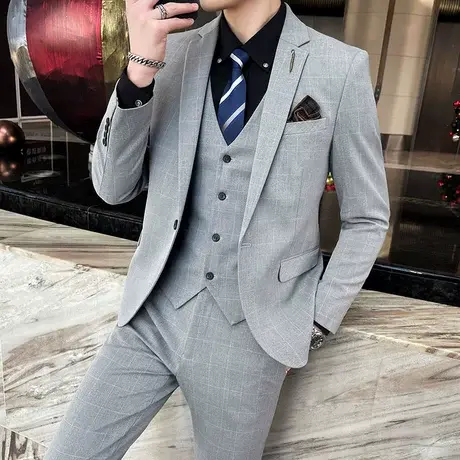 新品西服套装男三件套韩版修身小西装职业正装伴郎服新郎结婚礼服商品大图