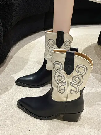 复古西部牛仔靴女2023新款夏季粗跟显瘦中筒靴百搭尖头拼色骑士靴商品大图