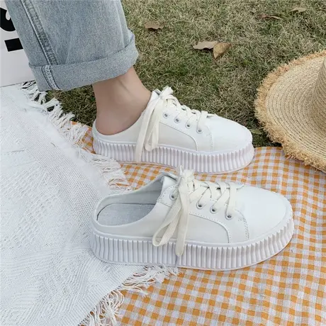 懒人包头半拖鞋女夏外穿2023新款饼干帆布鞋增高小白鞋厚底松糕鞋商品大图