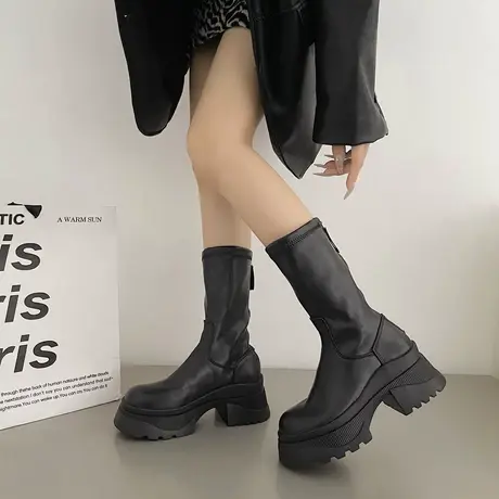 靴子女中筒靴女2023新款厚底春秋款高跟小个子黑色增高粗跟瘦瘦靴图片