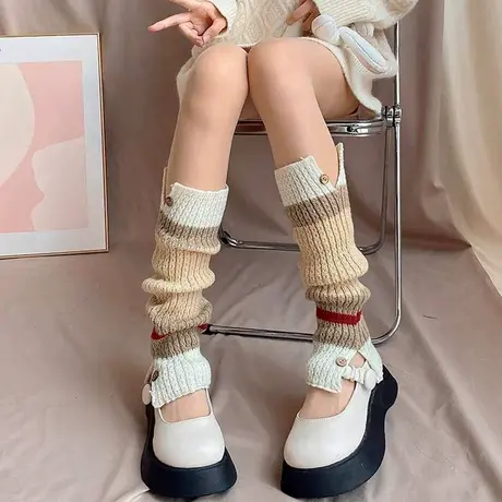 毛线针织堆堆袜套女秋冬日系少女大童可爱中长筒小腿袜子纽扣脚套商品大图
