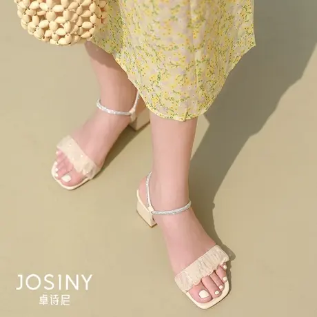 卓诗尼女一字式扣带凉鞋2023年夏季新款气质粗跟时装凉鞋女配裙子图片
