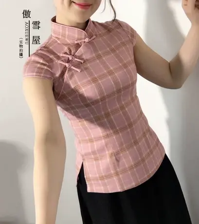 傲雪屋中国风春夏季短袖紧身改良旗袍上衣中式立领唐装女茶艺服商品大图