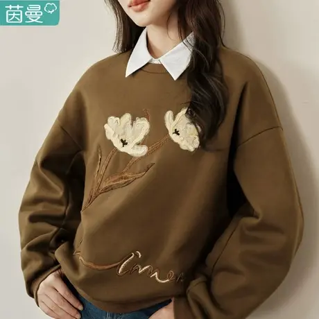 茵曼复古摇粒绒卫衣2024春季女装新款原创花卉贴布绣长袖宽松上衣图片