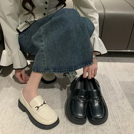 乐福鞋女2024年春秋季新款复古英伦风一脚蹬单鞋配裙子粗跟小皮鞋商品大图