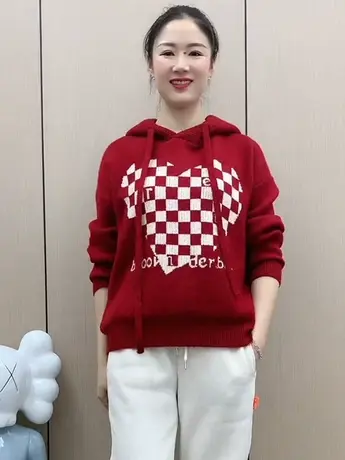 2023春季新款格子女士毛衣加厚宽松外穿慵懒风女装潮针织连帽套头商品大图