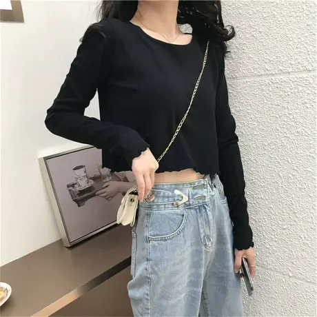 辣妹高腰短款露脐别致上衣设计感小众打底衫女内搭春秋长袖t恤潮图片