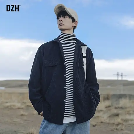 男士灯芯绒黑色衬衫男高级感痞帅华夫格外套春秋长袖衬衣2023新款商品大图