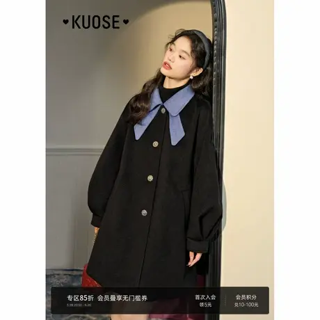 阔色法式娃娃领黑色呢子大衣女2024秋冬季小个子穿搭气质毛呢外套商品大图