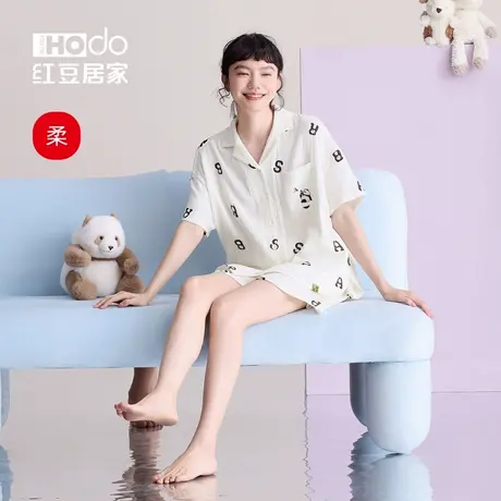 红豆【双层纱】女士纯棉纱布短袖睡衣套装柔软睡裙透气宽松春夏款商品大图