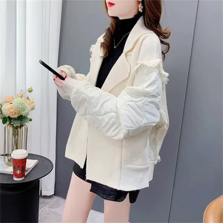 设计感拼接西装领毛衣开衫女2022年新款秋冬韩版宽松短款针织外套商品大图