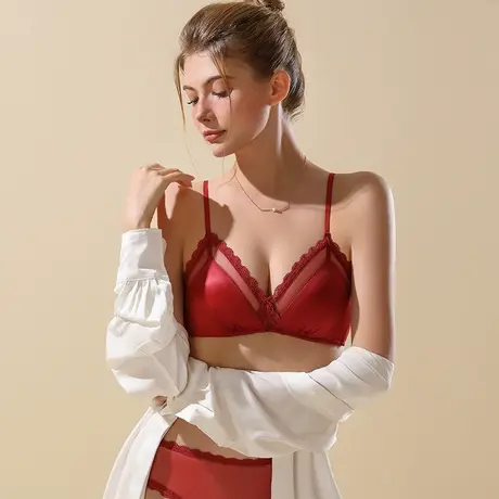 红色内衣套装新婚结婚本命年小胸聚拢文胸薄款法式缎面三角杯胸罩商品大图