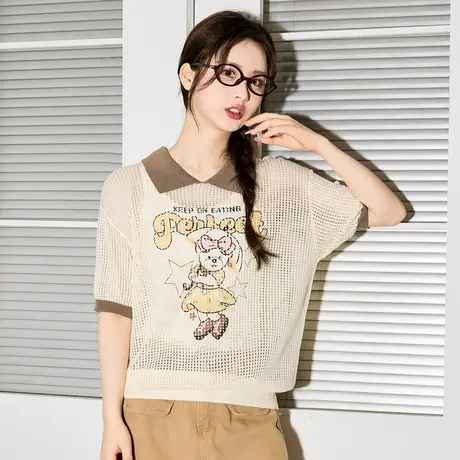 唐狮夏季新款女翻领毛针织衫学院风短袖镂空设计宽松上衣cz商品大图