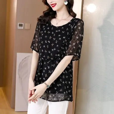 2023夏季新款时尚轻薄印花女上衣中长款大码宽松遮肚漂亮雪纺衫女商品大图