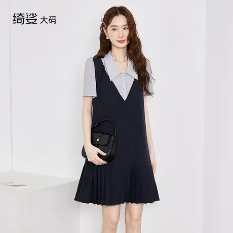 绮娑大码女装2025年夏装新款显瘦胖mm连衣裙假两件百褶裙商品大图